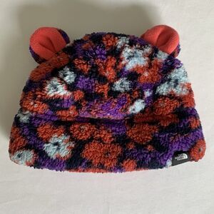 North Face Hat Baby 0-6 Month Red Teddy‎ Fleece Bear Ears Warm Winter Fluffy